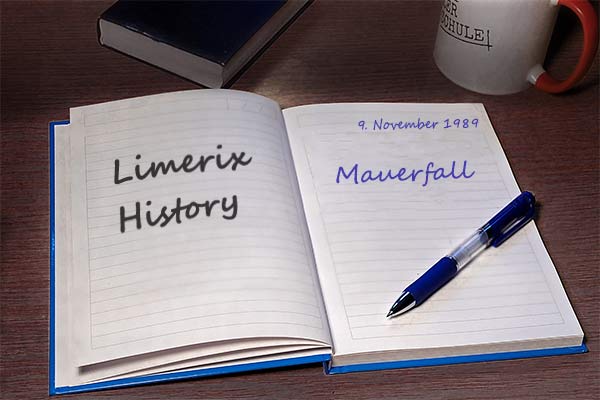 Aufgeschlagenes Notizbuch mit Handgeschriebenen Einträgen: Limerix History - 9. November 1989 - Mauerfall
