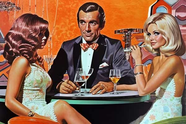 James Bond sitzt mit zwei Damen am Tisch bei alkoholischen Getränken