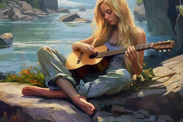 Moderne Loreley sitzt barfuß auf einem Felsen am Fluss und spielt Gitarre