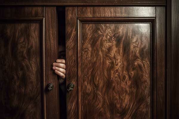 Schrank mit leicht geöffneter Tür, hinter der eine Person zu erkennen ist.