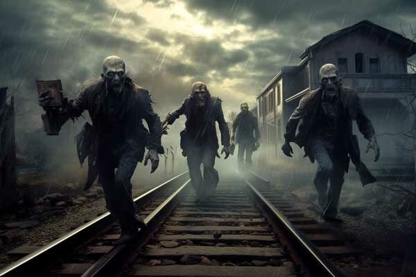 Zombies laufen auf Bahngleisen
