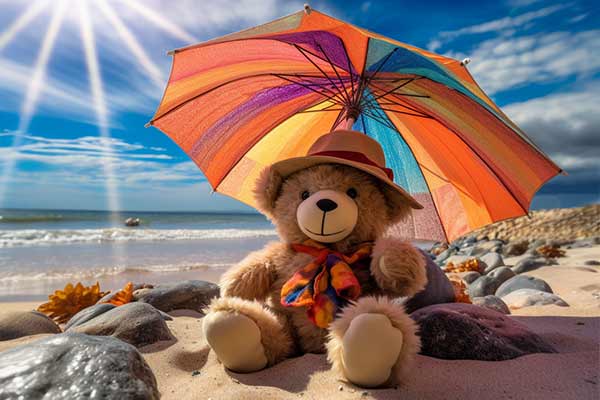 Teddybär mit buntem Sonnenschirm sitzt am Strand