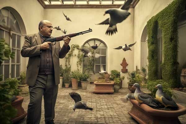 Mann mit Luftgewehr in einem Hof zielt auf Tauben