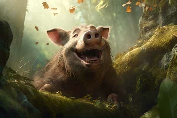 Wildschwein im Wald lacht fröhlich