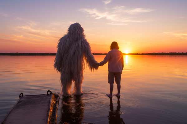 Mensch und Yeti stehen am Seeufer und betrachten den Sonnenuntergang.