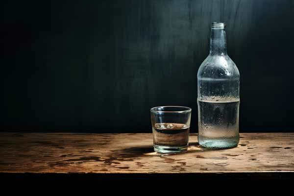 Flasche und Glas mit trübem Wasser