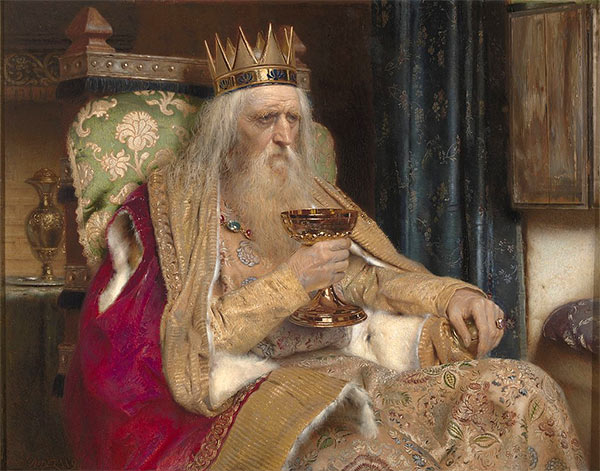 Alter König mit Krone und Bart auf einem Thron hält einen goldenen Kelch in der Hand.