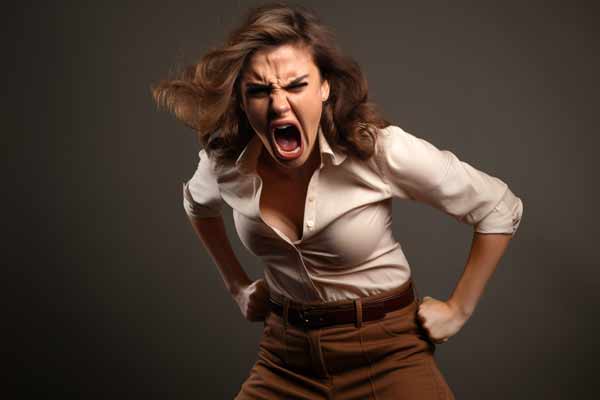 Wütende Frau stemmt die Fäuste in die Hüften