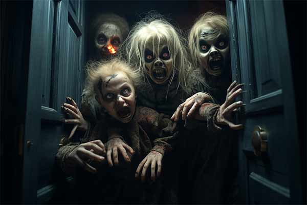 Vier Horrorkinder vor einer geöffneten Tür.