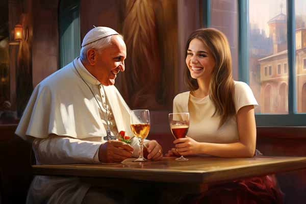 Papst beim Date mit junger Dame in einem Restaurant