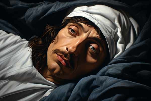 René Descartes im Bett mit Schlafmütze, öffnet die Augen