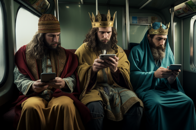 Die heiligen drei Könige sitzen in einem Bahnabteil und schauen auf ihre Smartphones