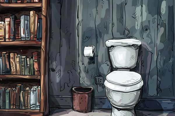 Toilette neben einem Bücherregal