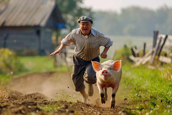 Bauer rennt einem Schwein hinterher