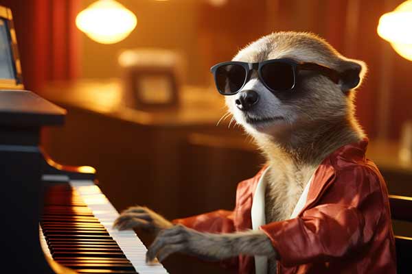 Erdmännchen mit Sonnenbrille spielt Klavier