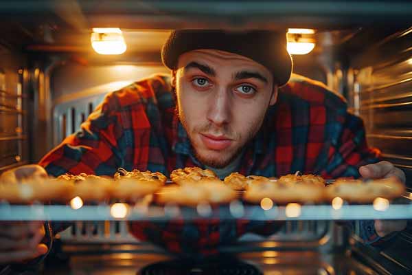 Bedröhnter junger Mann holt ein Blech Kekse aus dem Ofen
