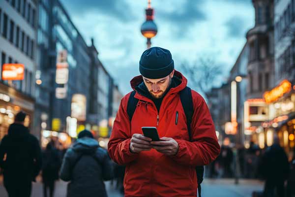 Mann mit oranger Jacke schaut auf sein Handy, Straße in Berlin, Fernsehturm im Hintergrund