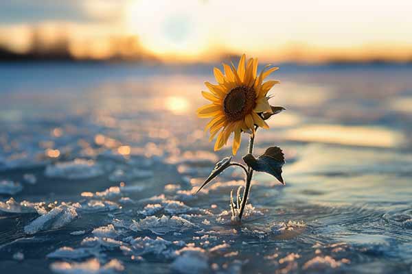 Eislandschaft im Sonnenaufgang, mittendrin wächst eine Sonnenblume