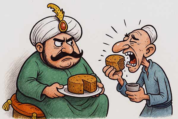 Karikatur eines Sultans mit einem Kuchen. Sein Diener probiert ein Stück.
