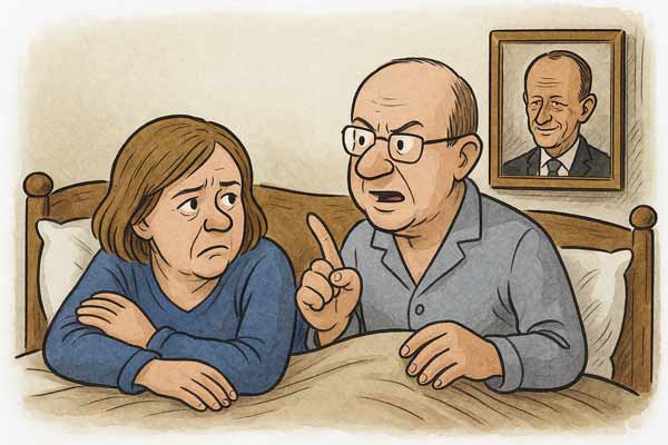 Älteres Ehepaar diskutiert im Bett - Bild von Friedrich Merz hängt überm Bett