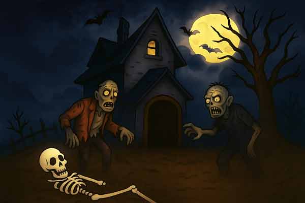 Haus im Vollmund. Im Vordergrund ein Skelett und zwei Zombies