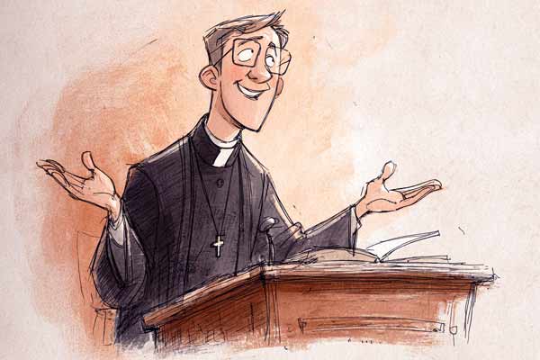 Karikatur eines Pfarrers mit ausgebreiteten Armen bei der Predigt