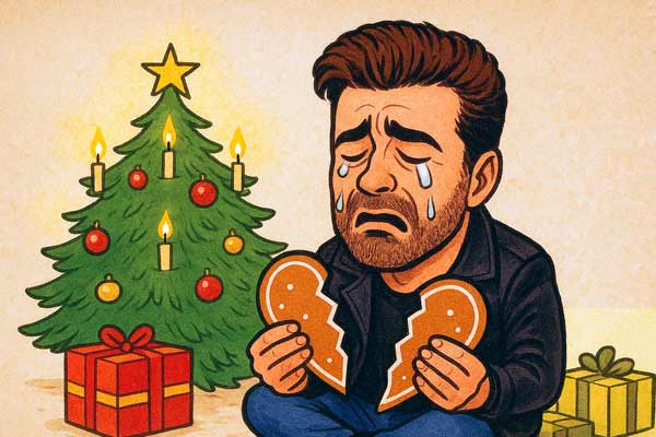 George Michael sitzt weinend vor einem Weihnachtsbaum und hält zwei Teile eines durchgebrochenen Lebkuchenherzens in der Hand.