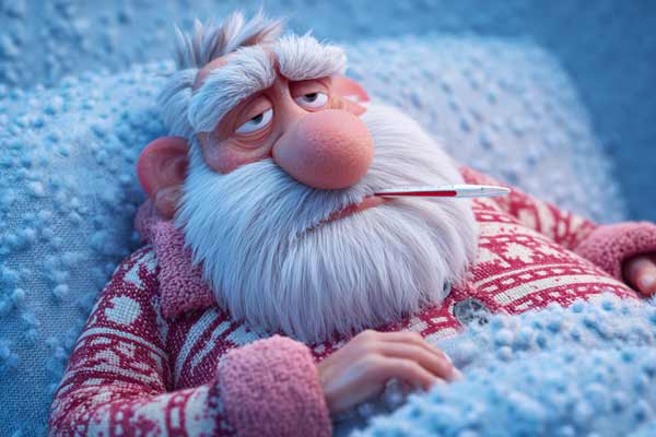 Nikolaus liegt krank im Bett mit Fieberthermometer im Mund