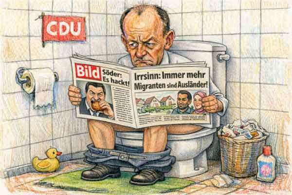 Friedrich Merz sitzt auf dem Klo und liest Bild