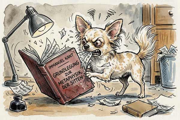 Ein Chihuahua zerfetzt das Buch - Grundlegung zur Metaphysik der Sitten - von Immanuel Kant