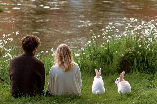 Ein Pärchen am Flussufer, daneben zwei weiße Kaninchen