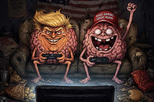 Zwei Hirnzellen, die eine mit orangefarbenem Gesicht und blonder Haartolle, die andere mit Käppi mit Aufschrift: Make Gaming Great Again, sitzen auf einem Sofa und spielen ein Computerspiel