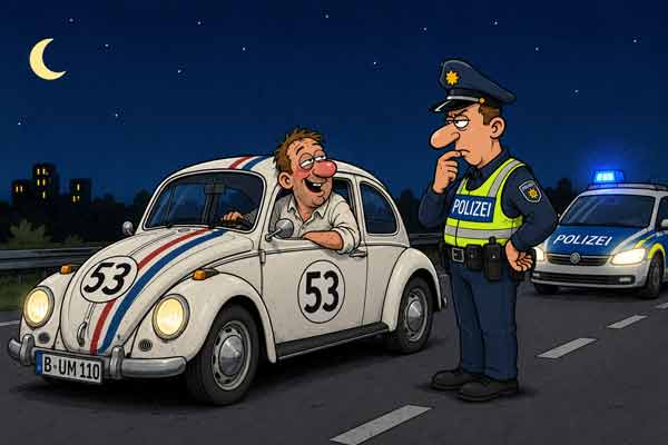 Betrunkener Autofahrer im VW-Käfer wird von einem Polizisten angehalten