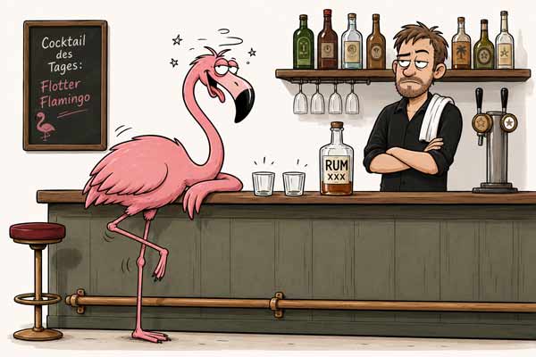 Betrunkener Flamingo steht an einer Bar